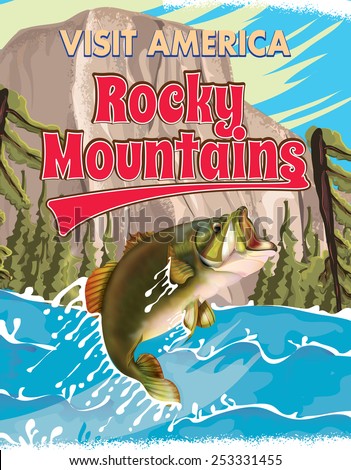 Rocky Mountains Fishing poster. A fishing travel poster to the rocky mountains in the united states.