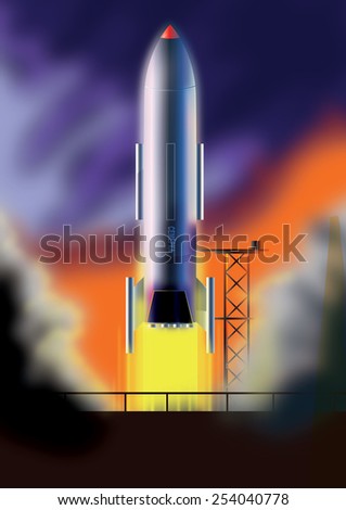 Vintage Rocket Launch. A vintage Soviet rocket launch with smoke and flames, this is a retro rocket launch during the space race.