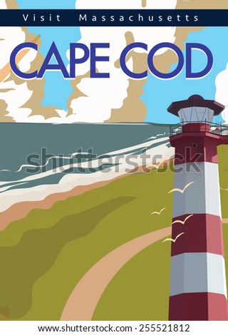 Cape cod travel poster, a travel poster to Cape cod in Massachusetts usa featuring a light house.