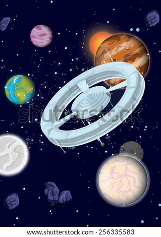 planets in space, planets and moons  in space in front of a star field. there is a space station rotating.