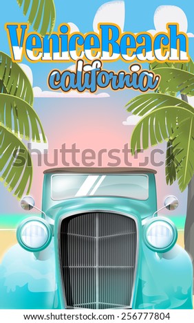 Venice Beach California ,Venice Beach California travel poster featuring a vintage auto.