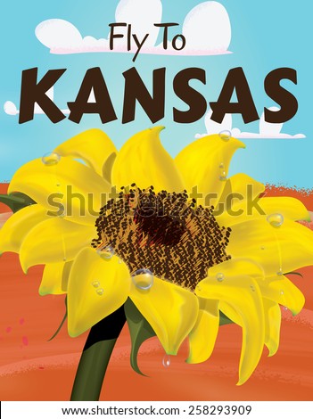 Fly to Kansas travel poster, a flight poster to kansas featuring a bright sunflower.