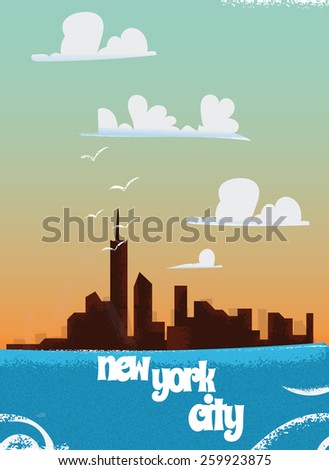 New York city travel poster,New York city travel poster featuring a cartoon of New York City.