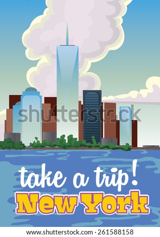 Take a trip to New york travel poster, this is a cartoon New York city skyline vacation poster.