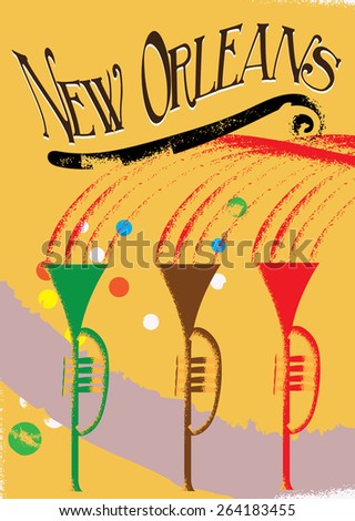 New Orleans travel poster, this is a vintage retro style vacation poster to New Orleans featuring musical instruments.