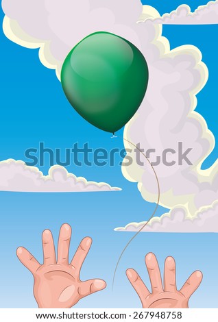 Child letting a balloon go, This is a funny illustration of a child letting there green balloon float away.