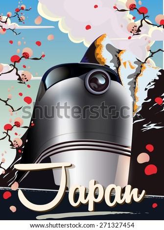 Japan Travel poster, This is a Vintage style Japanese travel poster featuring a locomotive train.