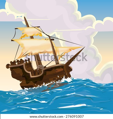 Cartoon sail ship, this is a sail ship on the stormy ocean during a setting sun warm evening.