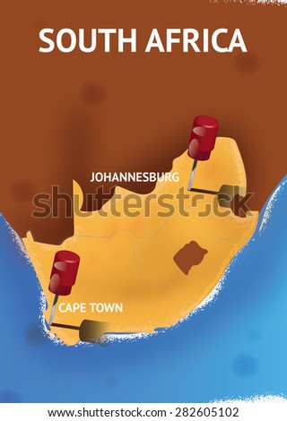 South Africa travel poster, this is a vintage style south african travel poster with the locations of cape town and Johannesburg in pins.