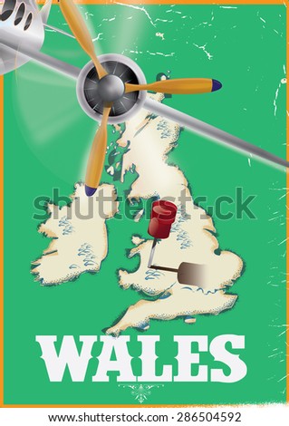 Wales vintage style travel poster, This is a old and worn style vacation poster to the nation of Wales in the United kingdom.