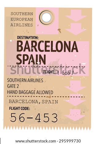 vintage travel ticket to Barcelona, This is a old retro or vintage style airliner travel ticket to the destination of Barcelona.