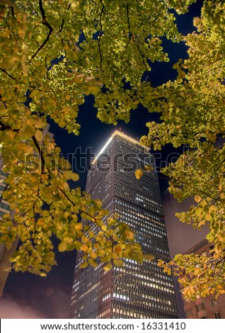 Urban Foliage - The Prudential Center in Boston viewed through the foliage of surrounding trees.