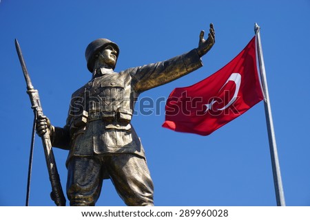 ISTANBUL,TURKEY- APRIL 17: Turkish Soldier Statue on April 17, 2015 in Istanbul. Its located at Istanbul, to commemorate the formation of the Turkish Republic in 1923.