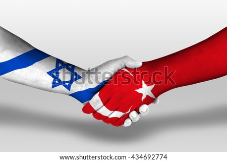 Handshake between turkey and israel flags painted on hands, illustration with clipping path.
