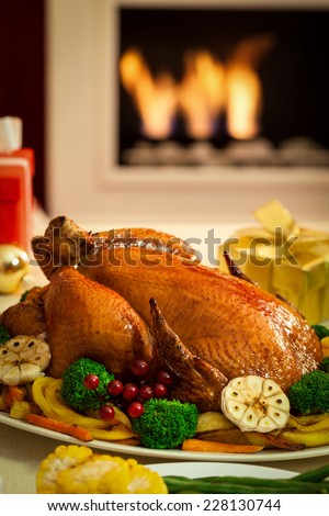 Christmas Turkey Dinner in front of fireplace