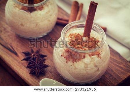 Creamy Rice Pudding with cinnamon in a Jar