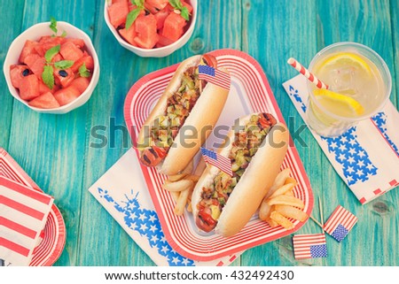 American hot dog with pickles, fried onions, ketchup, mustard and Lemonade at a Picnic for 4th of July