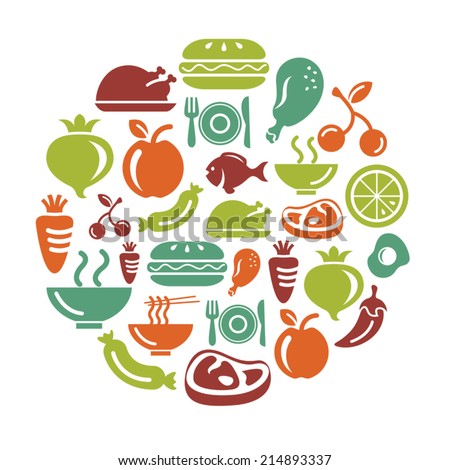 Food, Fruits and Vegetables Icons in Circle Shape