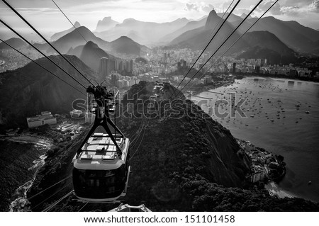 Overhead cable car approaching Sugarloaf Mountain, Rio De Janeiro, Brazil