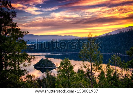 Island in a lake at dusk, Lake Tahoe, Sierra Nevada, California, USA