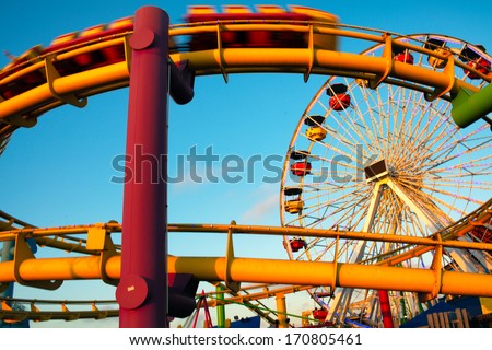 Amusement park rides on a pier, Santa Monica Pier, Santa Monica, Los Angeles County, California, USA