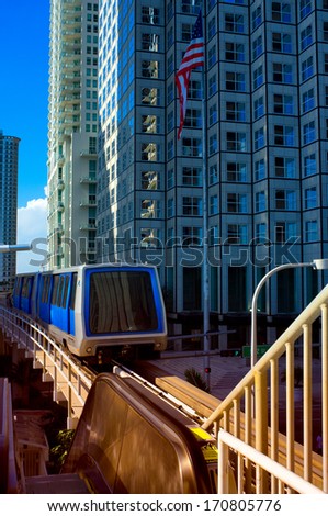 Monorail moving on a railroad track in Downtown Miami, Miami, Florida, USA