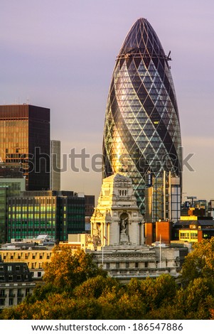 Skyscrapers in a city, 30 St Mary Axe, City Of London, London, England