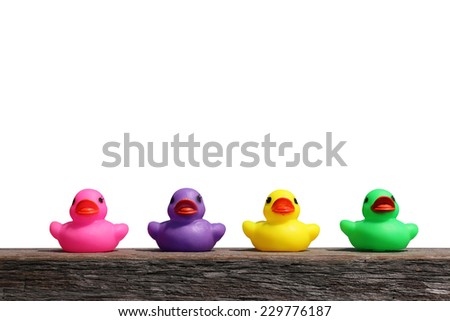 Colorful rubber ducks on the wooden base