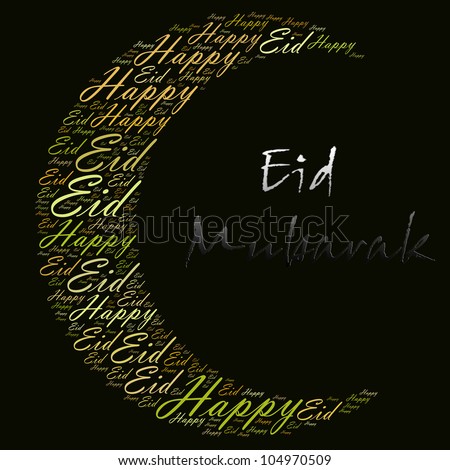 stock photo : Happy Eid greeting word cloud composed in the shape of new moon crescent. Eid is the main muslim festival celebration which include Eid Fitr after the fasting month and Eid Adha after the hajj season.