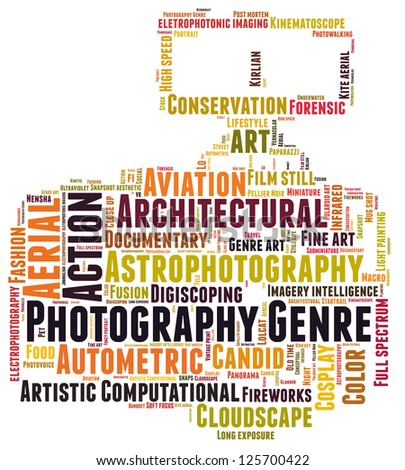 Photography genre cloud-word composed in the shape of a dslr camera