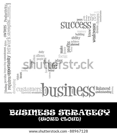 Business success info-text (cloud word) composed in the shape of graph going up on white background