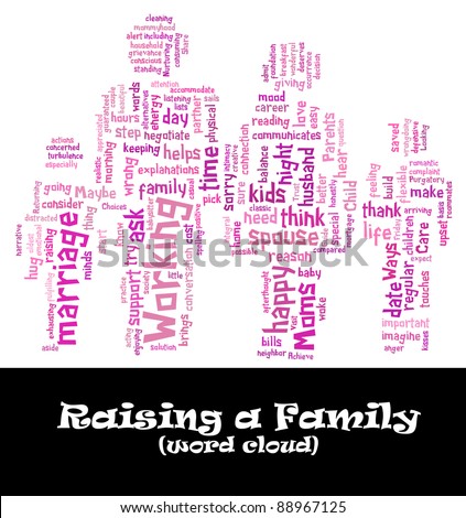 Raising family info-text (cloud word) composed in the shape of a family icon (parent with two kids) on white background