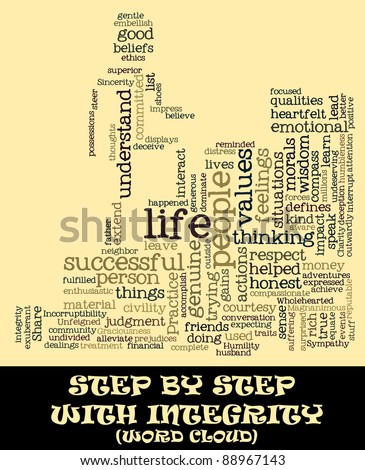 Life values & qualities for a successful life  info-text (word cloud) composed in the shape of a person climbing stairs on yellow background