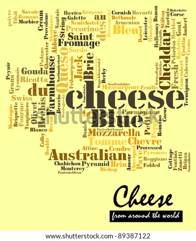 Cheese from around the world word collage/info-text/word cloud compose in the shape of sliced cheese suitable for cheese shop, tea shop, cafeteria,deli, coffee house, restaurant menu and advertisement