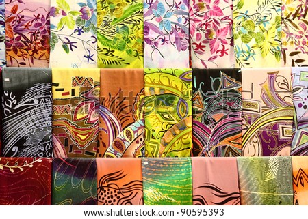 Assortment of colorful traditional Asian batik fabrics for sale in Kuala Lumpur, Malaysia