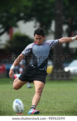 KUALA LUMPUR-MARCH 31: Unidentified UiTM Lions attempt a conversion during a Malaysian Rugby Union(MRU) Super League 2012 match (UiTM Lions vs SAHOCA) on March 31,2012 in Kuala Lumpur,Malaysia