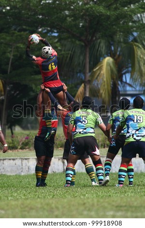 KUALA LUMPUR - APRIL 8: ATM RAMD players manage to get the ball from a line-out throw a MRU Super League match againts Keris Conlay on April 8, 2012 in Kuala Lumpur, Malaysia. Conlay won 29-12