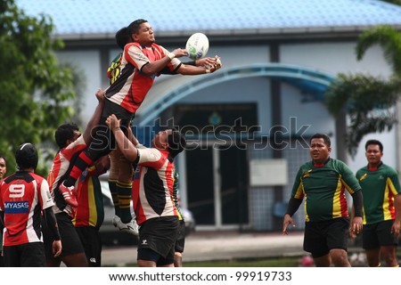 KUALA LUMPUR-APRIL 1: Players jostle for the ball from a line-out throw  a Malaysian Rugby Union Super League match between ASAS and ATM RAMD on April 1, 2012 in Kuala Lumpur, Malaysia. ASAS won 27-25