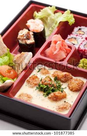 Japanese Meal in a Box (Bento) - Salad, Maki and Gunkan Sushi, Meats Ball