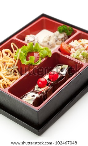 Meal in a Box (Bento) - Salad, Meat Balls, Potatoes, Dessert Maki Sushi