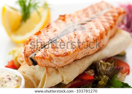 Fish Dishes - Salmon Steak with Vegetables, Lavash and Tartar Sauce