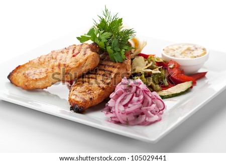 BBQ Chicken Breast on Grilled Vegetables with Lavash and Pickled Onions