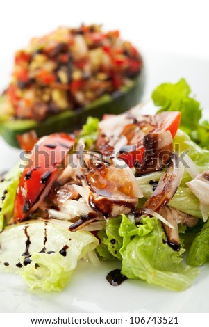 Avocado Salad - Mix of Salad Leaf, Stuffed Avocado, Paprika, Mushrooms, Balsamic Sauce