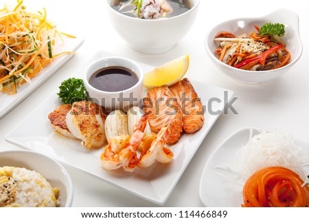 Lunch - Salad, Sliced Tomato, Seafood Soup, Fried Vegetable, Fried Seafood and Fried Rice