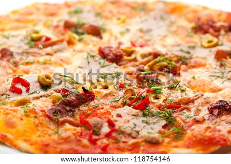 Pizza with Meats, Vegetables and Mushrooms