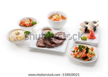 Lunch - Vegetables Salad, Sushi, Salmon Soup, Fried Vegetable, Fried Beef and Fried Rice