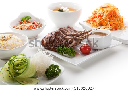 Lunch - Cabbage Salad, Miso Soup, Fried Vegetable, Sliced Cucumber, Roasted Lamb Chops, Rice and Sauce