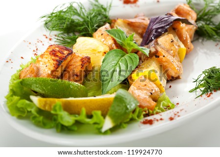 Skewered Salmon with Lemon, Herbs and Vegetables