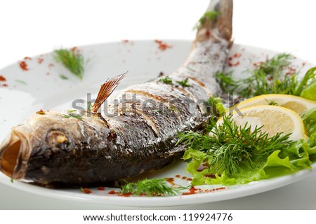 Grilled Foods - BBQ Sea Bass Fish with Lemon and Dill