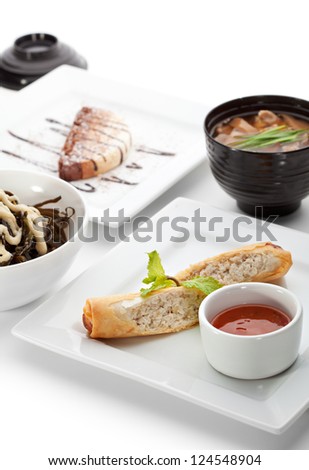 China Food - Salad, Soup with Pork and Udon, Chicken Spring Roll, Chocolate Dessert